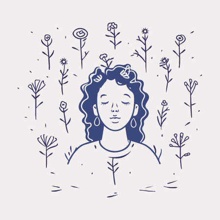 a woman with her eyes closed surrounded by flowers, vector art, minimalistic drawing, lost in a forest, cartoon style illustration, indigo blooming flowers garden.のイラスト素材