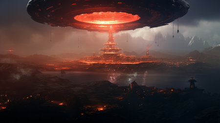 UFO flying over the planet. Futuristic alien landscape. 3D renderingの写真素材