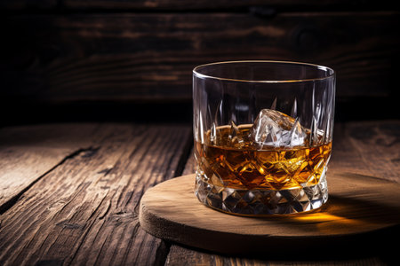 A glass of Whiskey on a rustic wooden board, that can be surface of barrel. Moody atmosphere - generative ai.の素材
