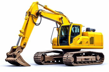 A close - up shot of a yellow excavator against isolated on a white background - generative ai.の素材