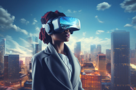 A woman wearing a vr headset in front of a cityscape - generative ai.の素材