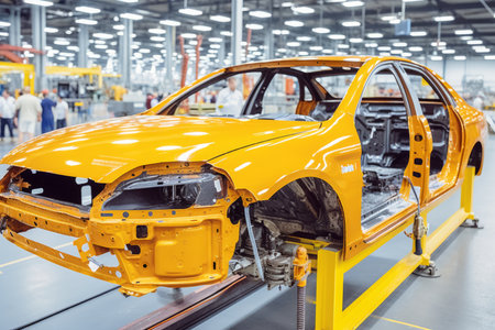 Close-up photograph of a modern assembly line in a car factory showing the integration of automated arms and human workers - generative ai.の素材