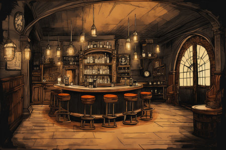 A hand-drawn illustration of a speakeasy bar during the Prohibition era - generative ai.の素材