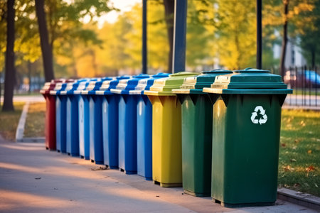 A shot of a row of recycling bins in a well-maintained city park - generative ai.の素材