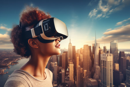 A woman wearing a vr headset in front of a cityscape - generative ai.の素材