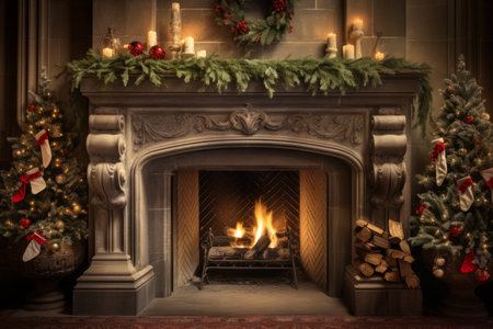 a cozy, traditional fireplace adorned with holiday greenery and stockings - generative ai.の素材
