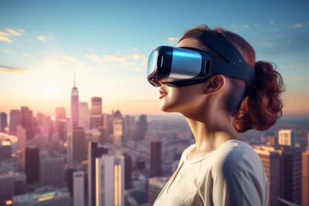 A woman wearing a vr headset in front of a cityscape - generative ai.の素材