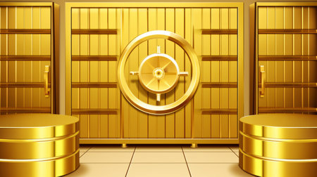 Golden bank vault door with golden coins - generative ai.の素材