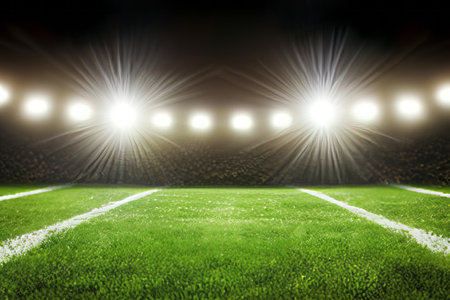 Green soccer field, bright spotlights.の素材