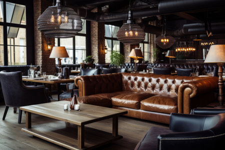 Luxury leather sofas and tables in restaurant interior.の素材