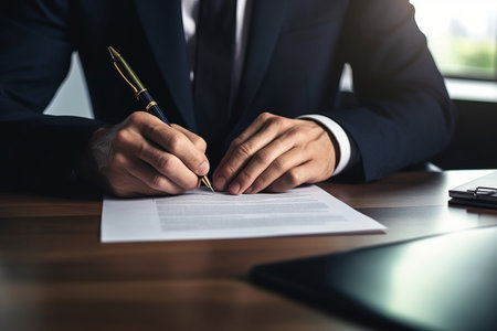 a man in a suit writing on a piece of paper.の素材