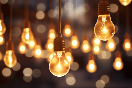 Hanging light bulbs outdoor party with copy space bokeh, thin focus, night life festival concept.の素材