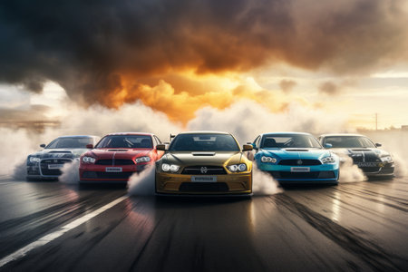 Intense speed battle for title drag race start.の素材