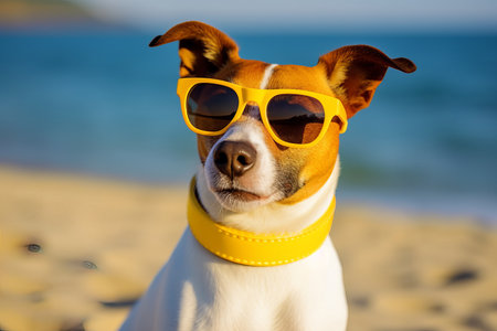 Jack russell dog with yellow sunglasses on a beach.の素材