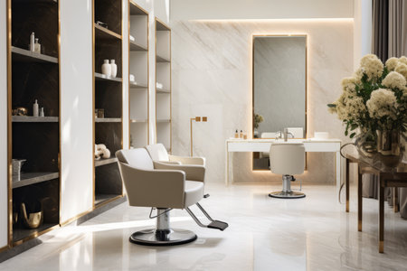 Modern and elegant interior design of professional beauty salon and spa with luxury styling chair.の素材