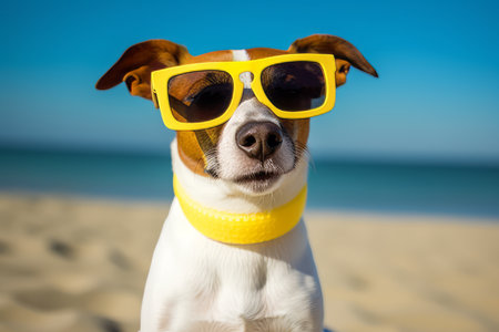 Jack russell dog with yellow sunglasses on a beach.の素材