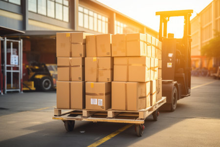 Package Boxes Wrapped Plastic Stacked on Pallets Load into Cargo Container. Trucks Loading Dock Warehouse. Supply Chain Shipment Supplies. Freight Truck Logistic, Cargo Transport Shipping.の素材
