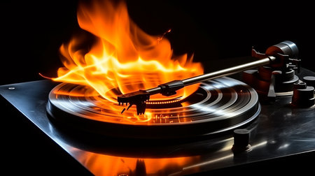 Music DJ concept. Trail of fire and smoke on vinyl record. Burning vinyl disk. Turntable vinyl record player on dark background. selective focus.の素材
