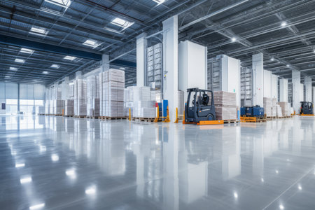 Large modern warehouse with forklifts.の素材