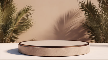 white podium on white table, 3D rendering, tropical background, warm glow, product presentation.の素材