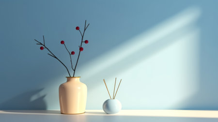 Minimalist Spring: Serene Interior with Pastel Floral Accents.の素材
