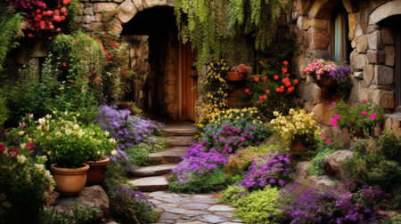 beautiful garden with a stone path leading to a stone arch. The garden is filled with colorful flowers and plants in various shades of pink, purple, yellow and green, flower pots and plants.の素材