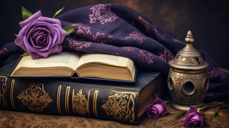 an open book sitting on top of a pile of books, a still life, purple cloth, draped in velvet and flowers.の素材