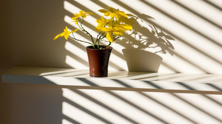 vase with yellow flowers sitting on a shelf, still life, minimalism, consists of a shadow.の素材