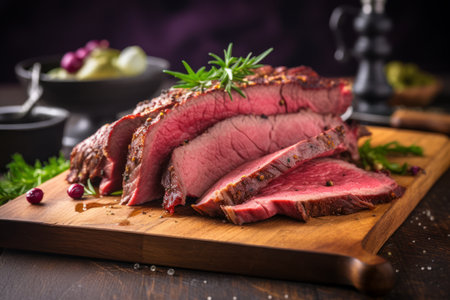 Beef pastrami slices on cutting board.の素材
