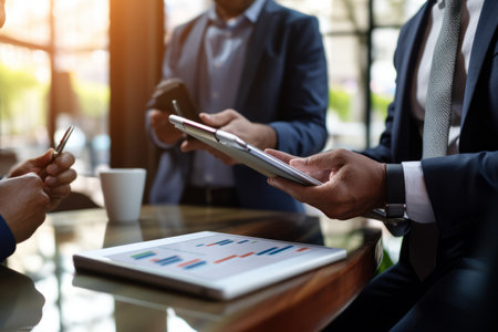 Business people discuss investment project working and planning strategy on digital tablet. Business people talking together with tablet at office.の素材