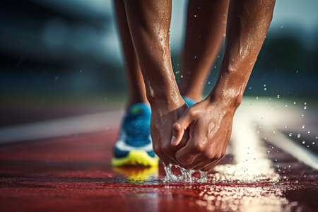 Sprinter waiting for start of race on running tracks at outdoor stadium. Sport and fitness runner man athlete on blue run track with running shoes.の素材