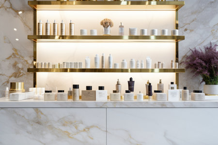 Empty white marble counter in elegant and luxury interior design of beauty cosmetic shop with gold steel shelf and personal, skin and hair care product and decorative glass backdrop partition.の素材