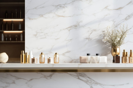 Empty white marble counter in elegant and luxury interior design of beauty cosmetic shop with gold steel shelf and personal, skin and hair care product and decorative glass backdrop partition.の素材
