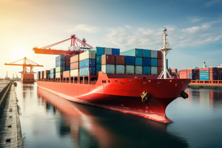 Container ship that transports containers in import and export. Global business freight forwarding, commercial trade, logistics and overseas shipping around the world by container ship.の素材