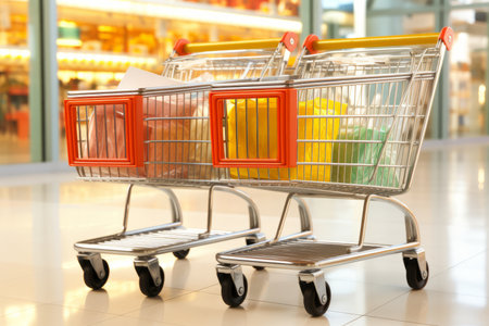 a couple of shopping carts sitting on top of a tiled floor.の素材