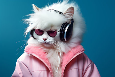 fantasy character with cat head in sunglasses and headphones wearing white jacket listening to music against pink and blue background.の素材