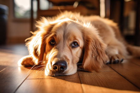 Portrait of dog lying on floor.の素材