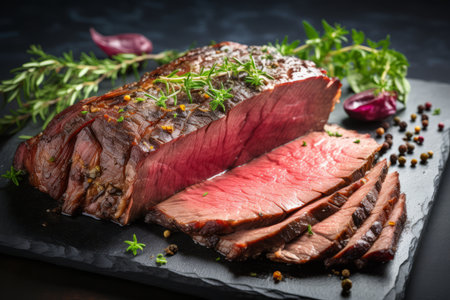 Roasted beef, pastrami on slate cutting board. close up.の素材