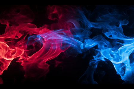 Red and blue fire on black background, fire and ice concept design, red and blue smoke, fiery background.の素材