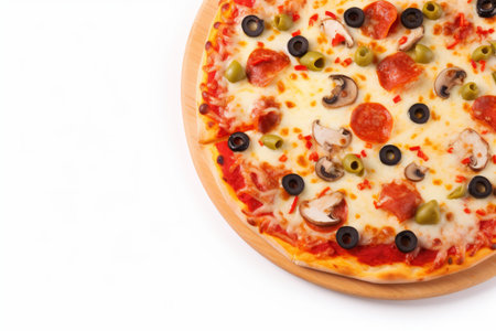 Traditional supreme pizza isolated on white background.の素材