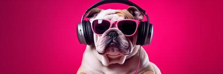 Stylish, purebred dog, english bulldog wearing sport stylish clothes and listening to music in headphones against pink studio background. Concept of animals, humor, pets fashion, vet, style.の素材