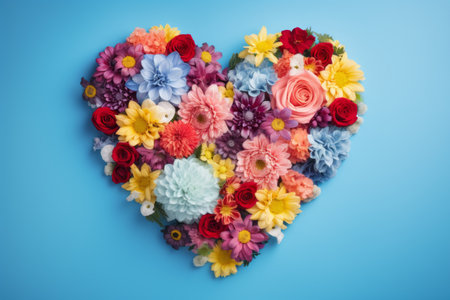 Top view arrangement of colorful flowers with heart shape placed on blue background.の素材