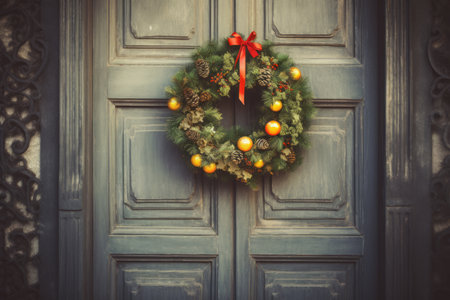 Vintage Christmas wreath decoration on door.の素材