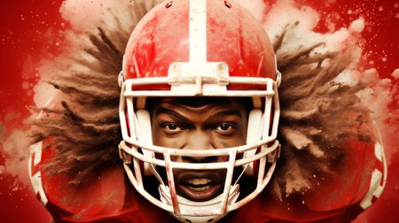 Splashing of powder against american football player standing with rugby helmet.の素材