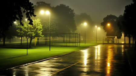 Night rain in the park. Photorealistic image of the park at night in the rain. A soccer field with goals and a baseball field with a protective net are visible in the background..の素材