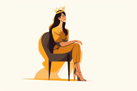 Confident young woman in crown sitting on chair. Smiling girl in golden accessory show confidence and high self-esteem.の素材