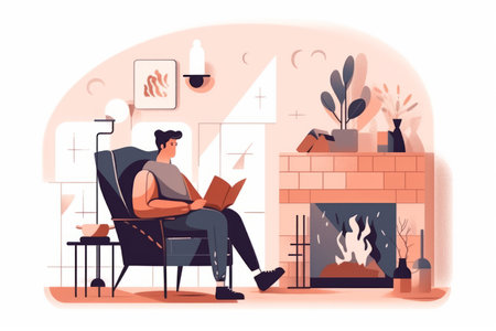 Happy young man sit in chair at home near fireplace reading book. Smiling guy relax in armchair enjoying literature. Hygge and domestic weekend.の素材
