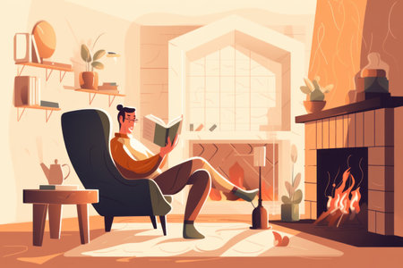 Happy young man sit in chair at home near fireplace reading book. Smiling guy relax in armchair enjoying literature. Hygge and domestic weekend.の素材