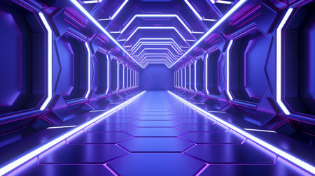 Bright modern futuristic alien reflective concrete corridor tunnel empty room with purple and blue neon glowing lights hexagon floor background 3d render.の素材