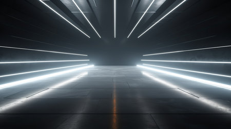 Futuristic Sci Fi White neon glowing lines of light in empty dark room with concrete floor with reflections and empty space for text 3D render.の素材